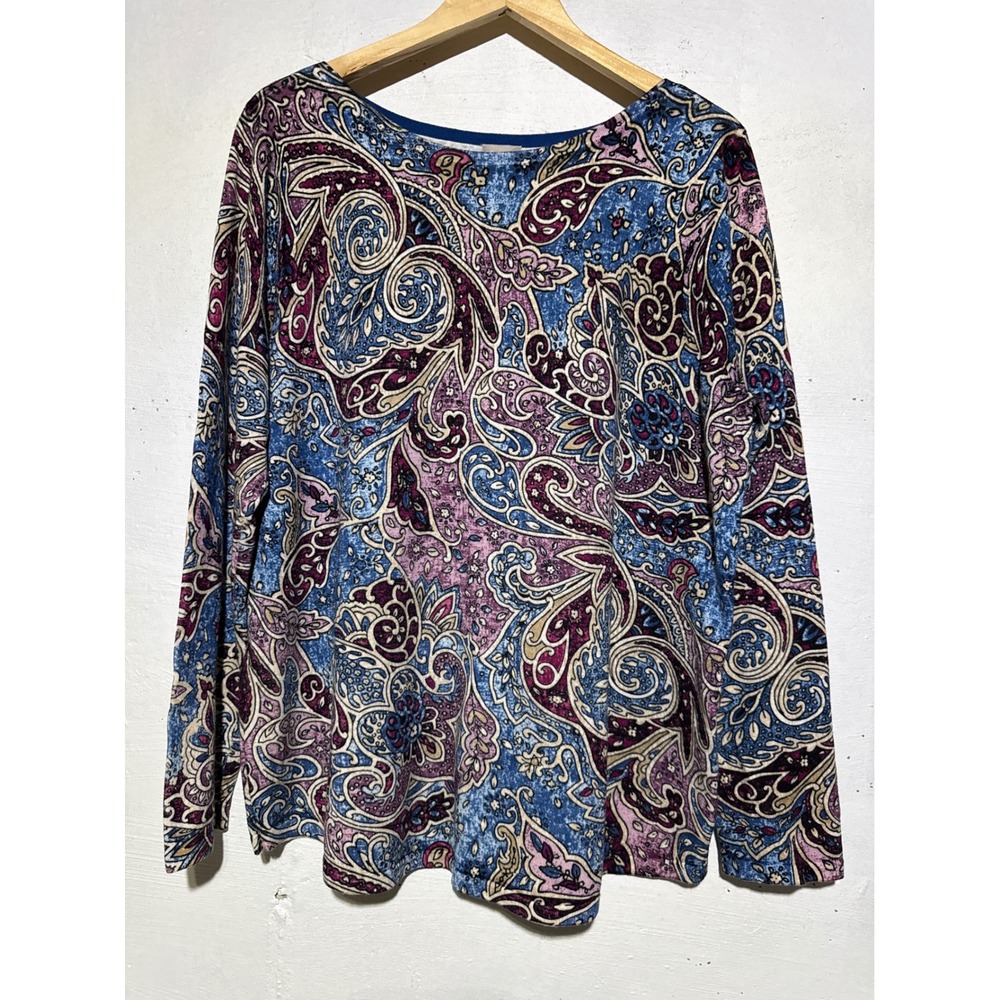 Chico's Womens Size 3 XL Paisley Knit Sweater Blue Purple Rayon Blend Boho